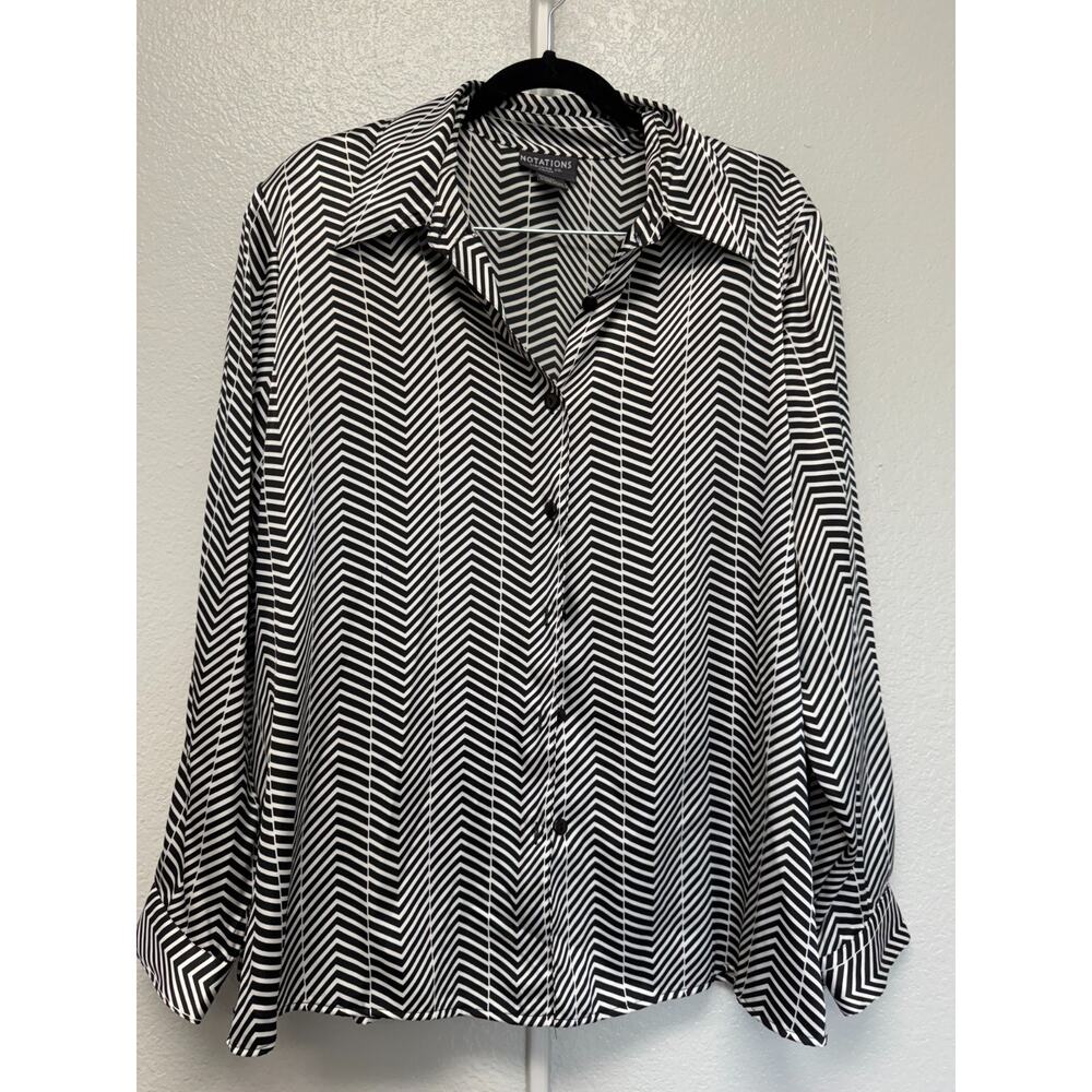 Notations Woman Plus Size 1X Black White Herringbone Blouse Sheer Button Down